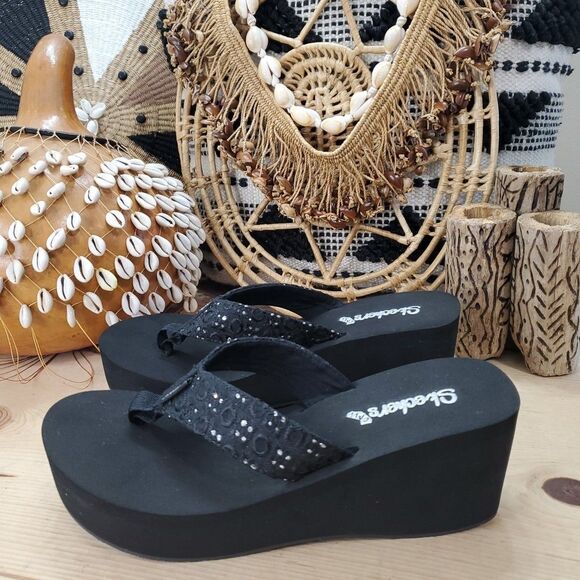 Y2K 2010 Skechers Cali Wedge Platform Black Sandals Women 10/40 Rhinestones NWOB - Picture 3 of 12